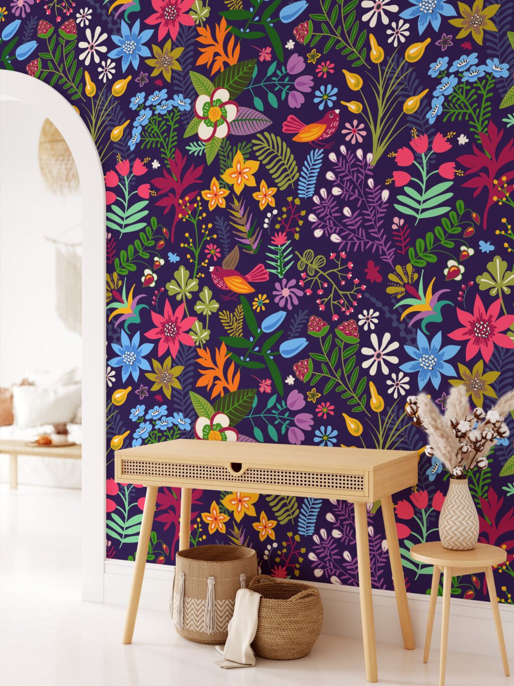 Renkli Çiçek Desenli Modern Duvar Kağıdı, Çiçekli Mor Duvar Posteri Çiçekli Duvar Kağıtları 2