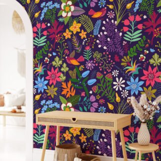 Renkli Çiçek Desenli Modern Duvar Kağıdı, Çiçekli Mor Duvar Posteri Çiçekli Duvar Kağıtları