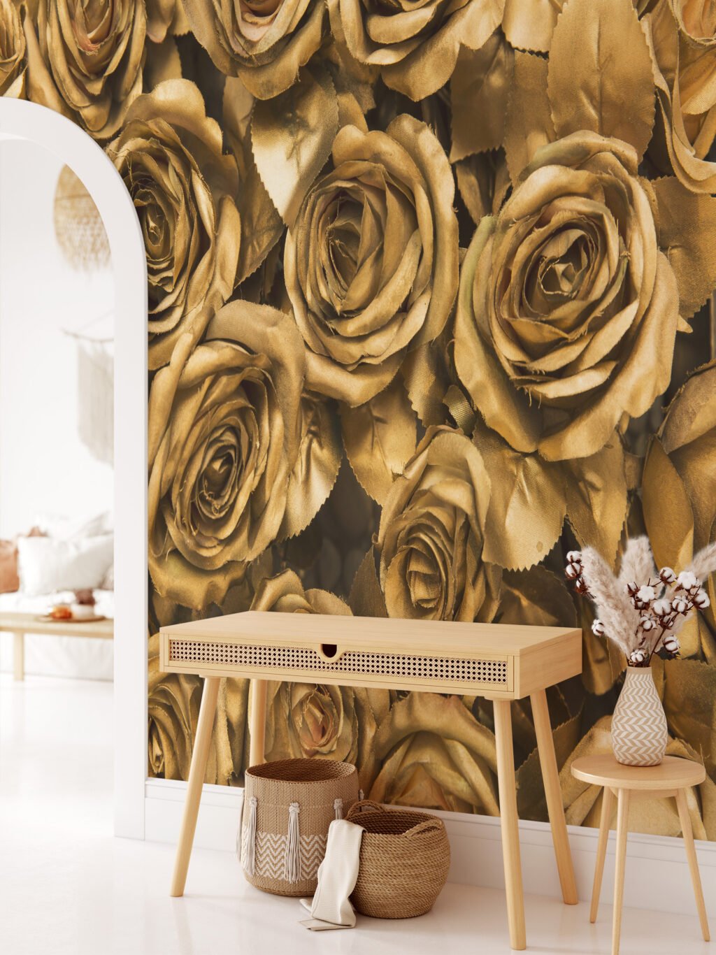 Büyük Altın Gül Desenli Duvar Kağıdı, Zarif ve Lüks Duvar Dekoru için 3D Duvar Posteri Çiçekli Duvar Kağıtları 6