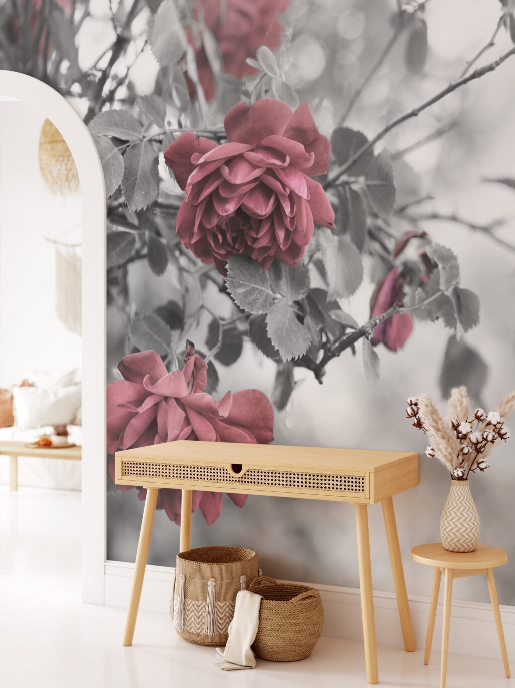 Gri Kırmızı Çiçek Desenli Duvar Kağıdı, Modern ve Romatik Duvar Dekoru için 3D Duvar Posteri Çiçekli Duvar Kağıtları 7