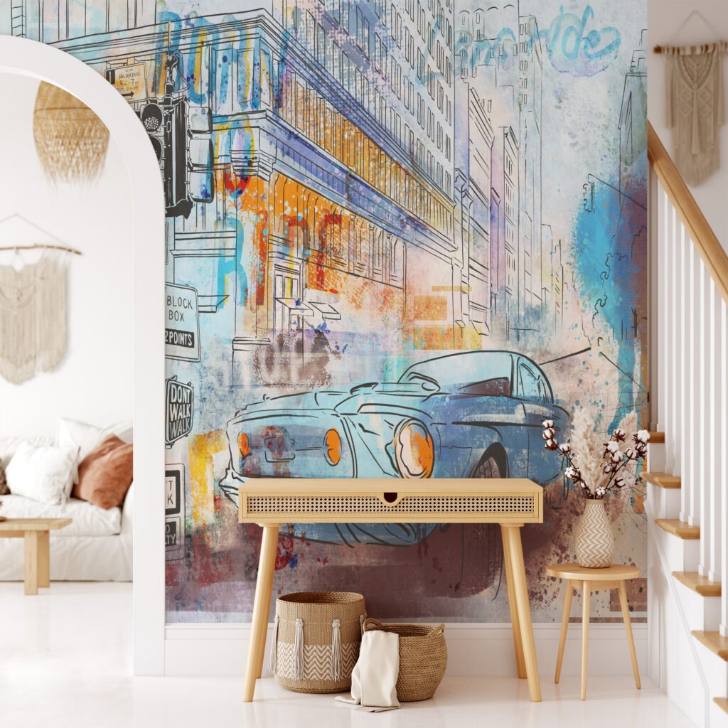 Retro Stili Araba ile Line Art Duvar Kağıdı, Araba Tutkunları için Modern Duvar Posteri Line Art Duvar Kağıdı 4