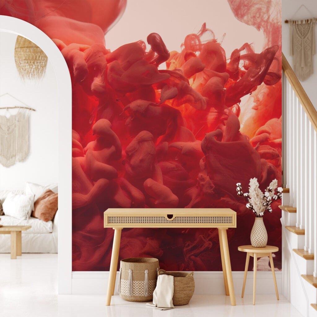 Kızıl Mürekkep Su Desenli Duvar Kağıdı, Renkli Duvar Dekoru İçin Soyut Kırmızı Sıvı Tasarımlı 3D Duvar Kağıdı Mermer Duvar Kağıtları 4