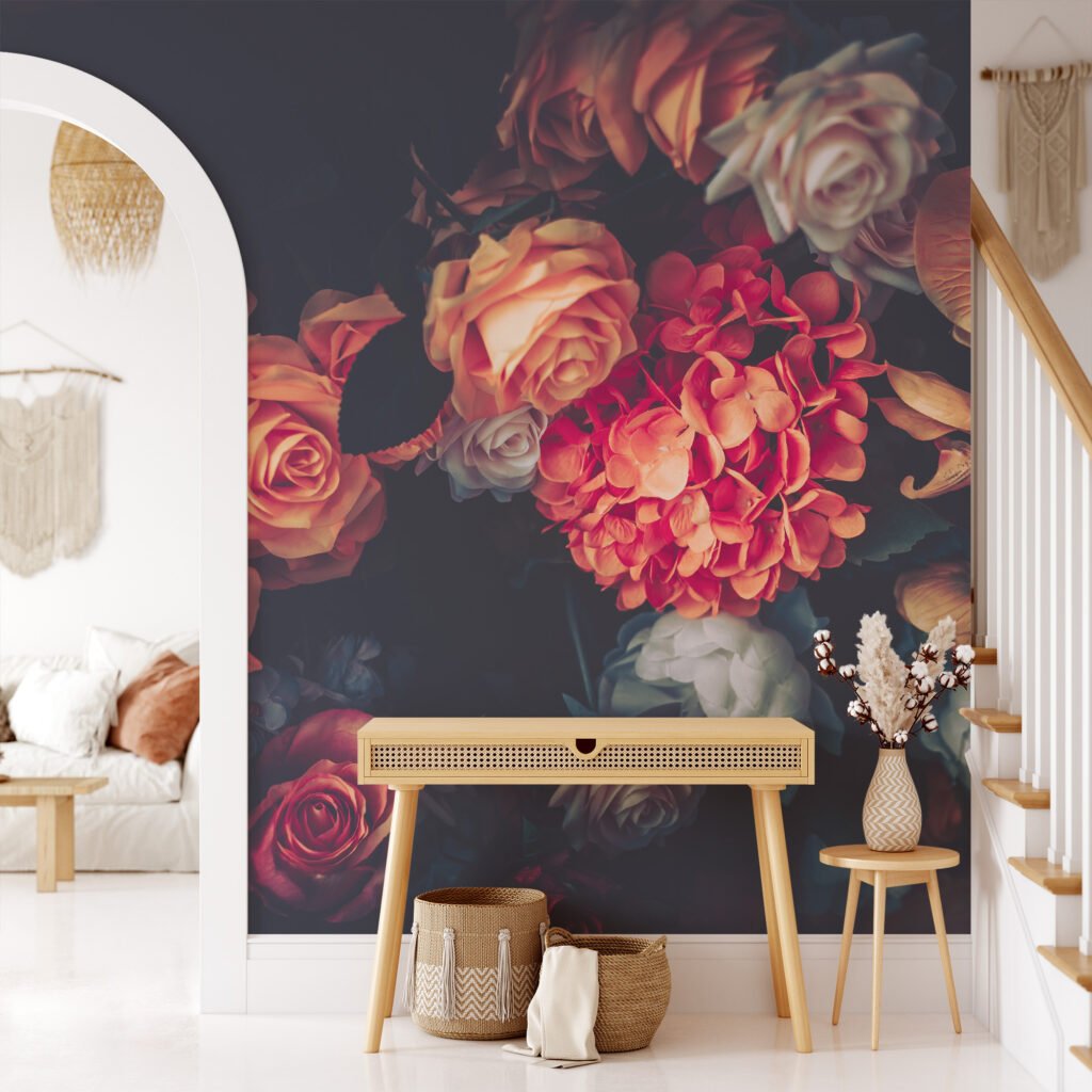 Koyu Arka Planlı Çiçek Buketi Duvar Kağıdı, Renkli Bir Duvar Dekoru için 3D Duvar Posteri Çiçekli Duvar Kağıtları 7