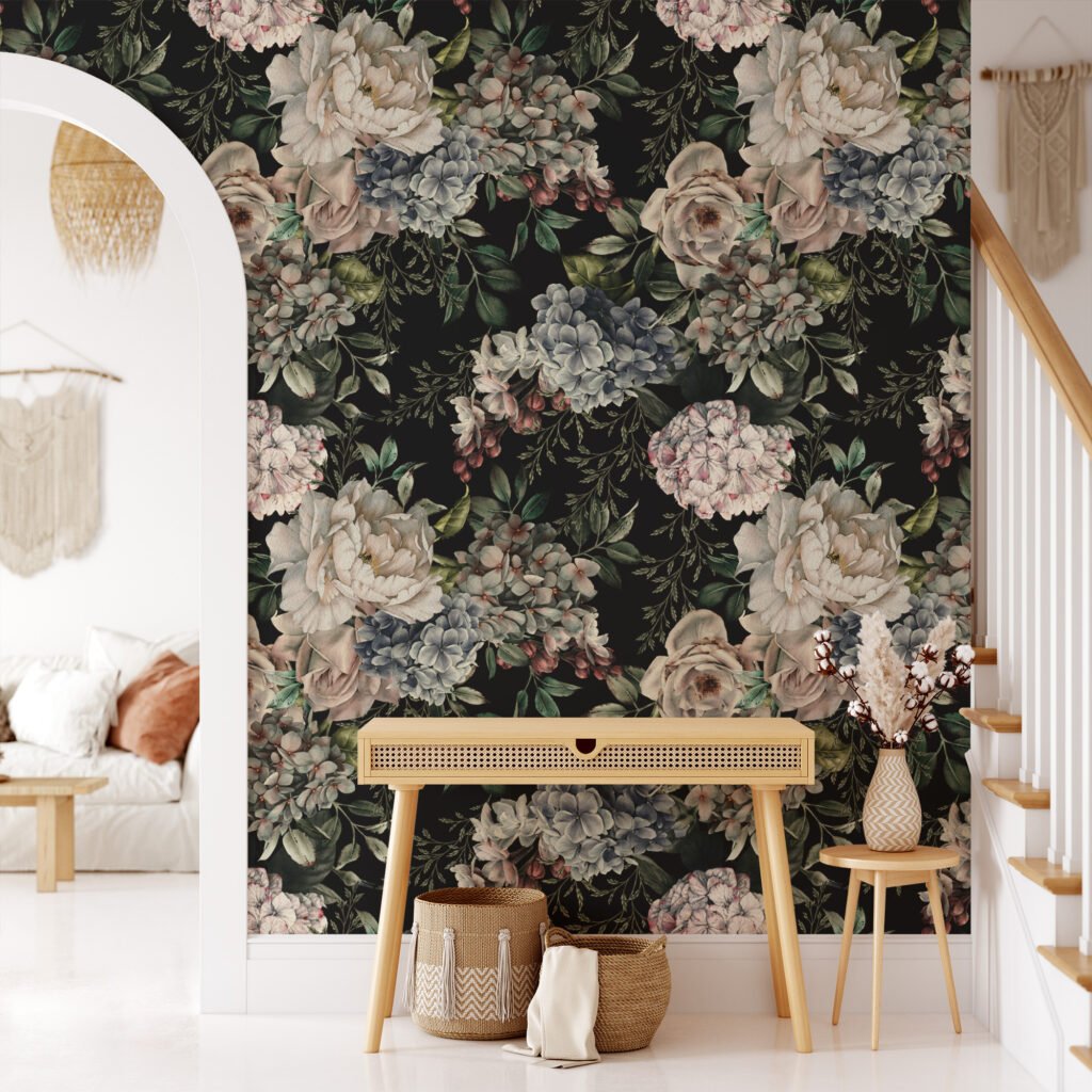 Modern Koyu Temalı Çiçek ve Yapraklar Duvar Kağıdı, Soyut Botanik Desenli Oturma Odası Dekoru için Duvar Posteri Çiçekli Duvar Kağıtları 7