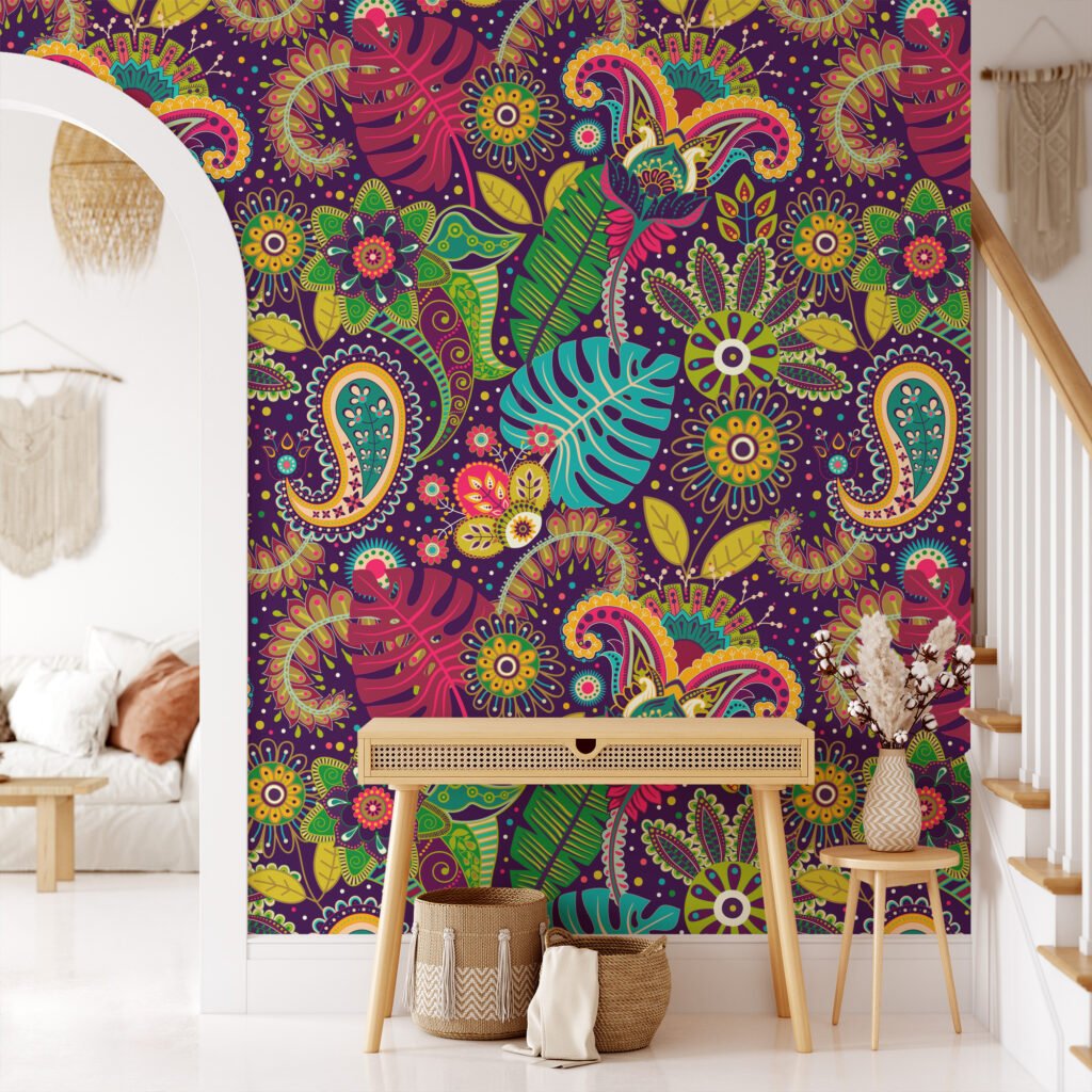 Renkli Geleneksel Çiçek ve Yaprak İllüstrasyonu Duvar Kağıdı, Canlı Bir Ev Dekoru için Duvar Posteri Çiçekli Duvar Kağıtları 10