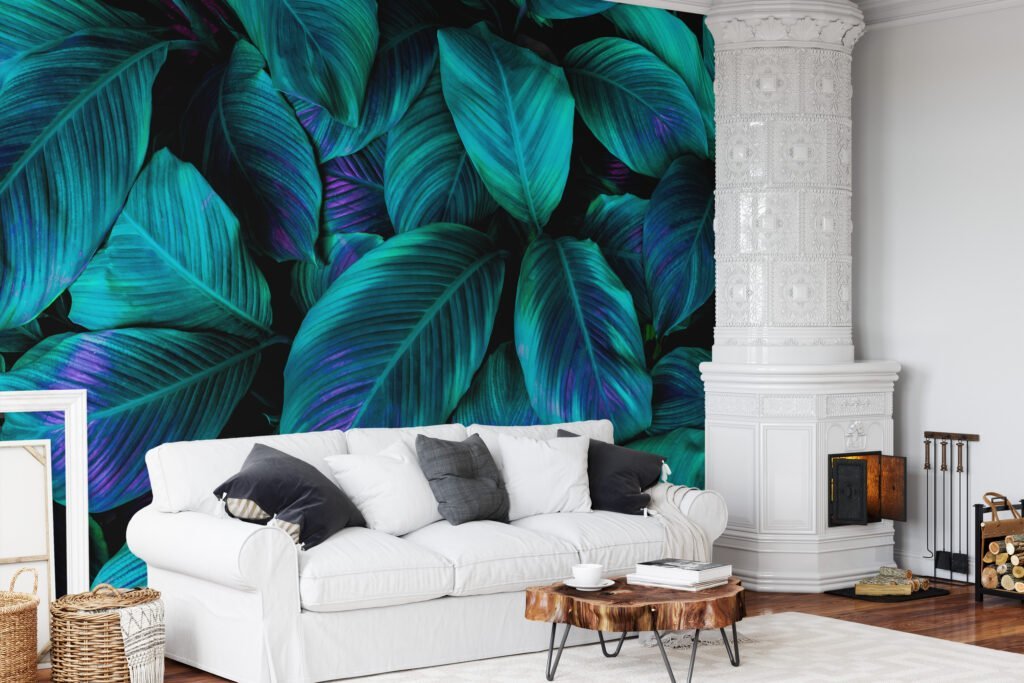 Yemyeşil Tropikal Yeşil Cannifolium Yapraklar, Mor Vurgularıyla Duvar Kağıdı, Güzel 3D Duvar Kağıdı Yaprak Desenli Duvar Kağıtları 9