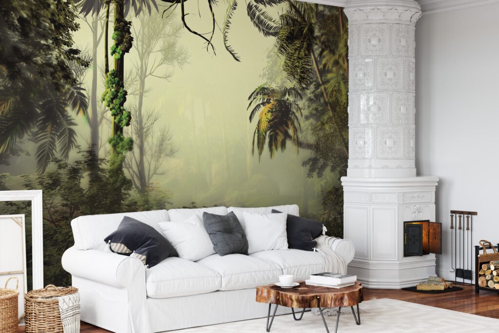 Zarif Sisli Yeşil Orman Manzaralı Duvar Kağıdı, Palmiye Ağaçlı Yoğun Orman Tasarımlı 3D Duvar Posteri Orman Temalı Duvar Kağıtları 2