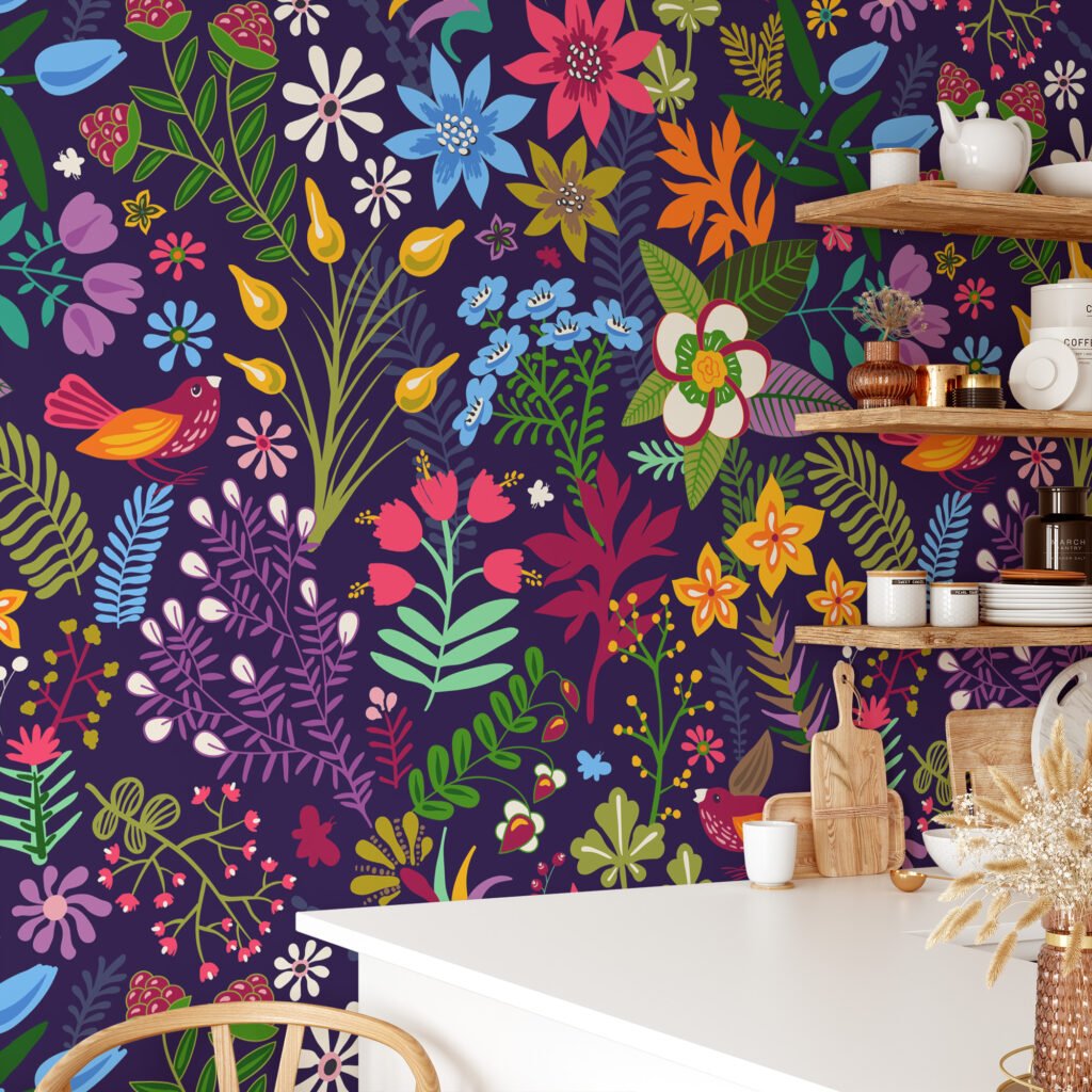 Renkli Çiçek Desenli Modern Duvar Kağıdı, Çiçekli Mor Duvar Posteri Çiçekli Duvar Kağıtları 3
