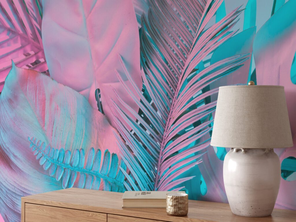 Renkli Tropikal Palmiye Yaprakları Duvar Kağıdı, Pembe ve Mavi Duvar Posteri Yaprak Desenli Duvar Kağıtları 6