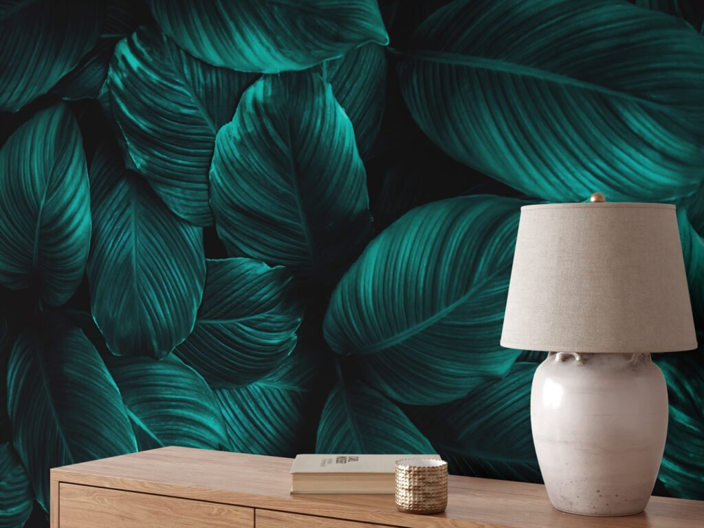 Zengin ve Lüks Koyu Yeşil Cannifolium Yaprak Desenli Duvar Kağıdı, Tropikal 3D Duvar Kağıdı Yaprak Desenli Duvar Kağıtları 3