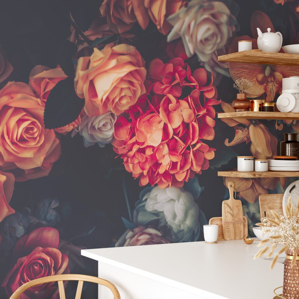 Koyu Arka Planlı Çiçek Buketi Duvar Kağıdı, Renkli Bir Duvar Dekoru için 3D Duvar Posteri Çiçekli Duvar Kağıtları 8