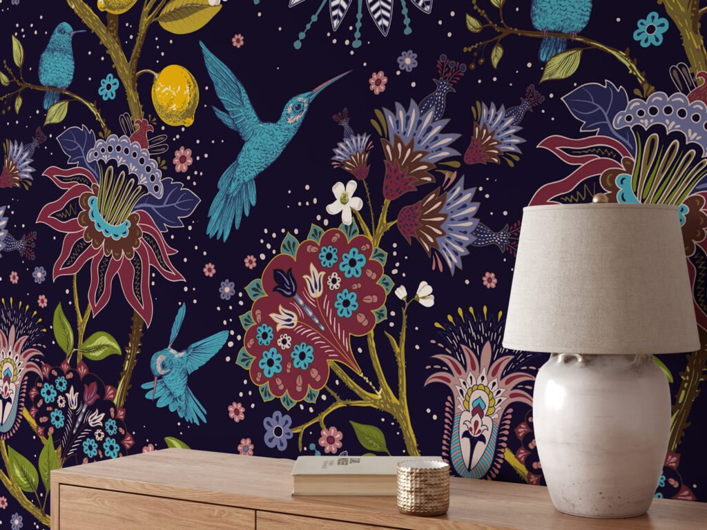 Geleneksel Dokunuşa Sahip Modern Çiçek ve Mavi Sinek Kuşu Desenli Duvar Kağıdı Çiçekli Duvar Kağıtları 3