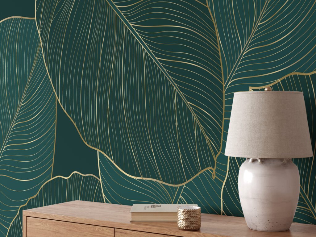 Etkileyici Koyu Yeşil Monstera Yaprakları Duvar Kağıdı, Altın Line Art 3D Duvar Kağıdı Yaprak Desenli Duvar Kağıtları 3