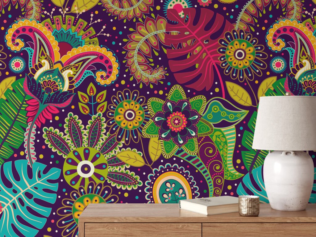 Renkli Geleneksel Çiçek ve Yaprak İllüstrasyonu Duvar Kağıdı, Canlı Bir Ev Dekoru için Duvar Posteri Çiçekli Duvar Kağıtları 11