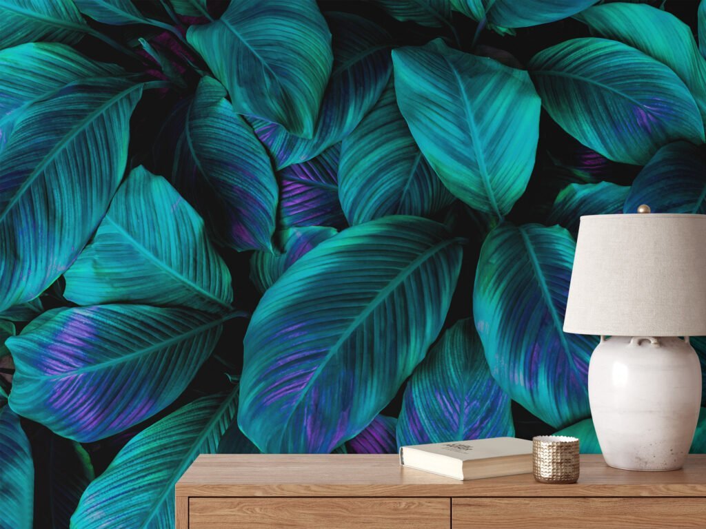 Yemyeşil Tropikal Yeşil Cannifolium Yapraklar, Mor Vurgularıyla Duvar Kağıdı, Güzel 3D Duvar Kağıdı Yaprak Desenli Duvar Kağıtları 10