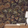 Earthy Traditional Floral Pattern with Dark Background Peel and Stick Wallpaper for a Cozy Home