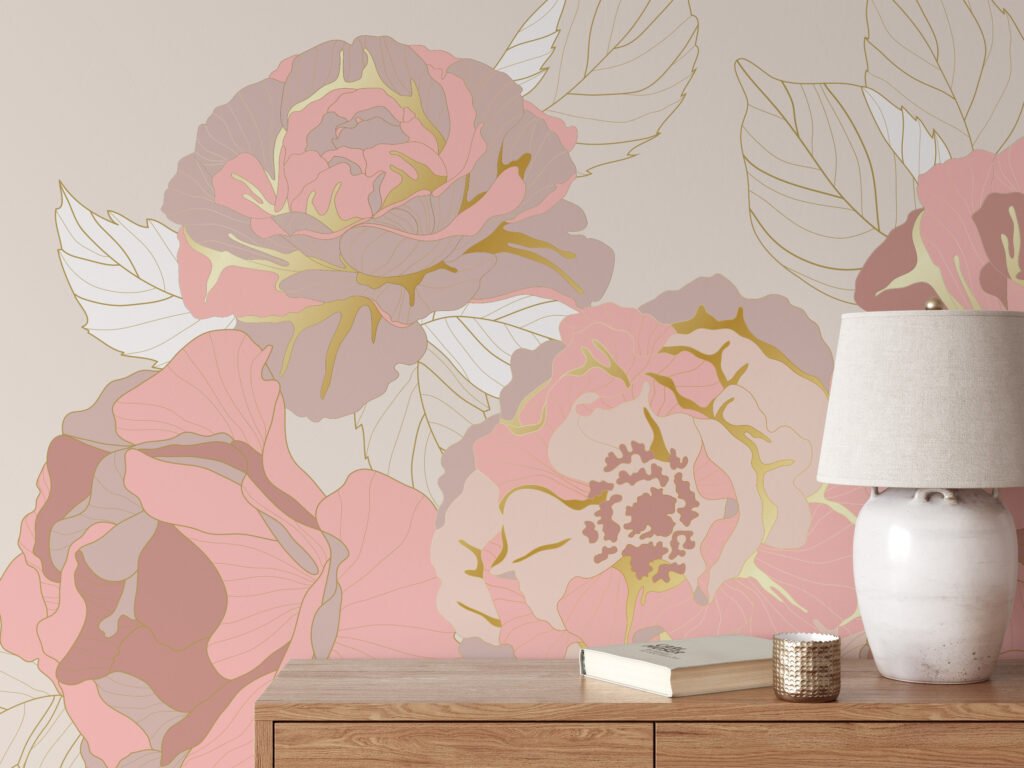 Altın Renkli Line Art İle Bezenmiş Şık Pembe Gül Desenli Duvar Kağıdı Çiçekli Duvar Kağıtları 3
