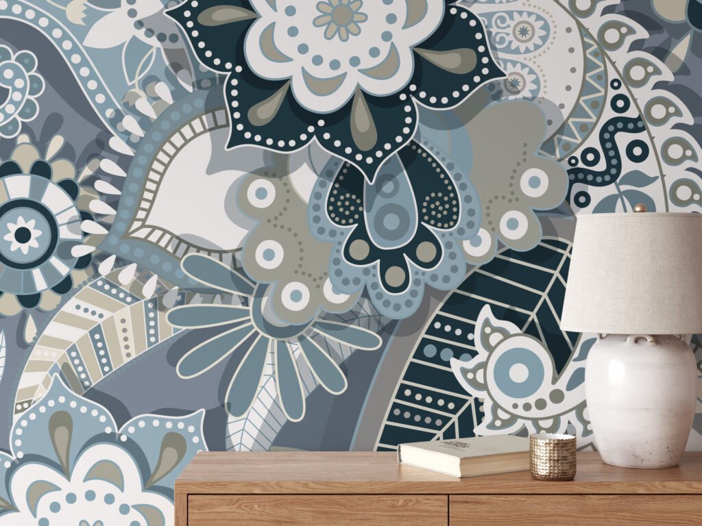 Modern Tasarımlı Soğuk Ton Gri Zeminli İnce Çiçek Desenli Duvar Kağıdı Çiçekli Duvar Kağıtları 3