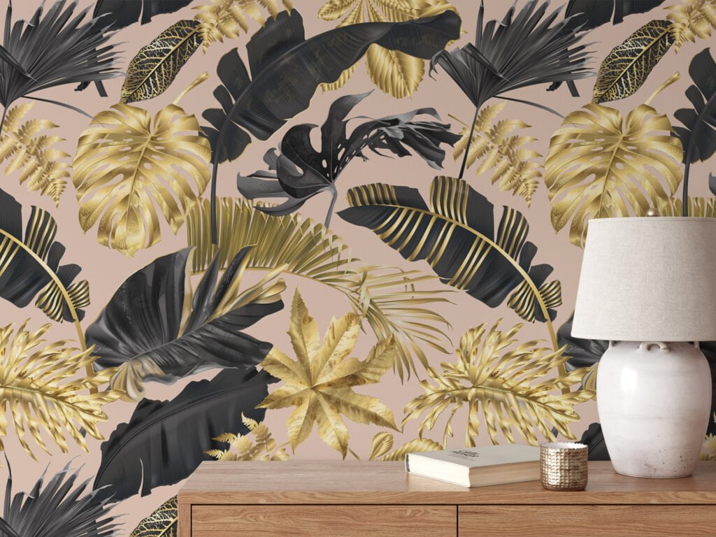 Lüks Altın ve Siyah Tropikal Yapraklar, Şeftali Pembesi Zemin Üzerine Modern 3D Duvar Kağıdı Yaprak Desenli Duvar Kağıtları 3