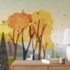 Whimsical Cartoon Style Forest Illustration Wallpaper for a Playful and Vibrant Home Decor during Fall Season