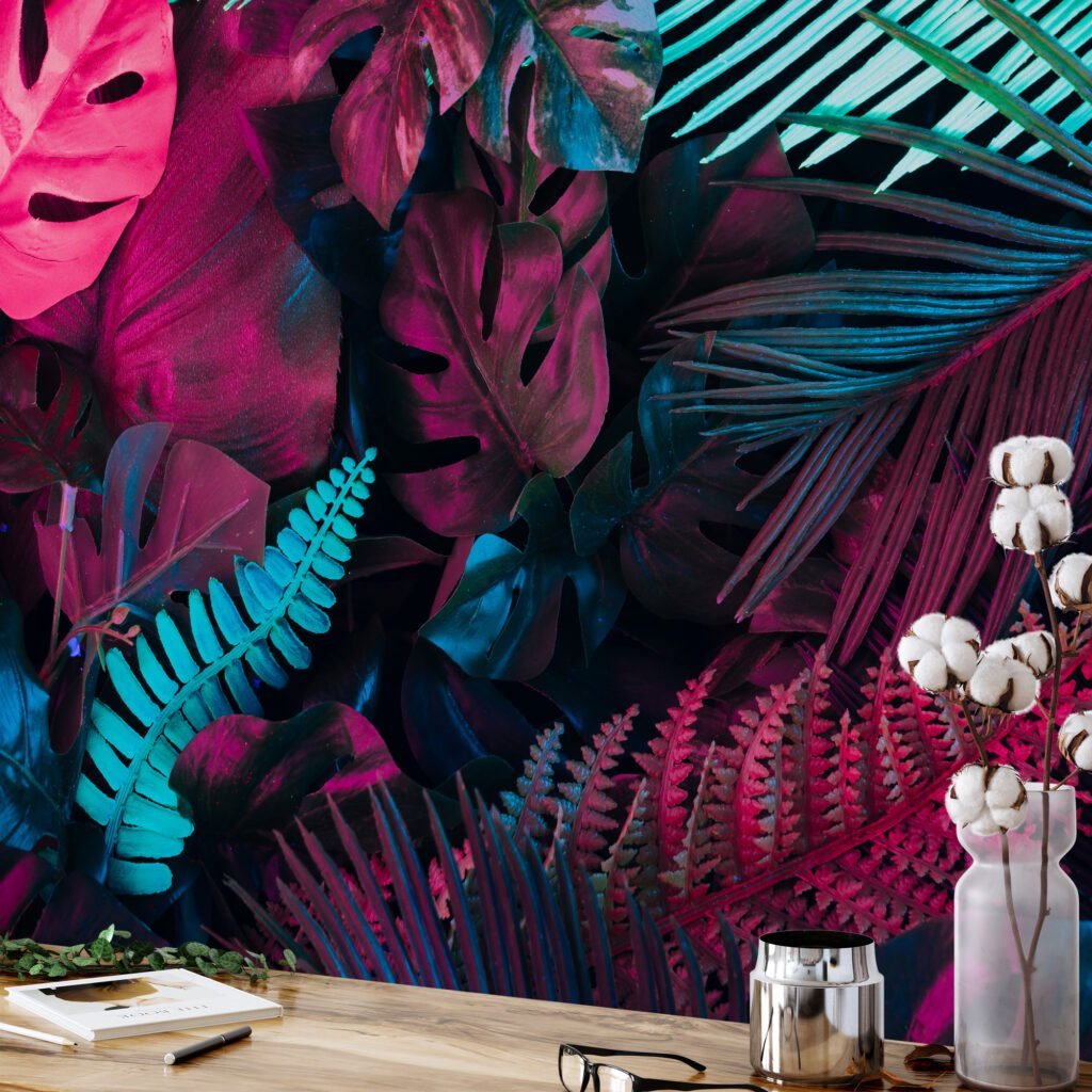 Canlı Neon Pembe ve Mavi Tropikal Yapraklar, Her Mekanı Aydınlatan Monstera Yapraklı 3D Duvar Kağıdı Yaprak Desenli Duvar Kağıtları 6