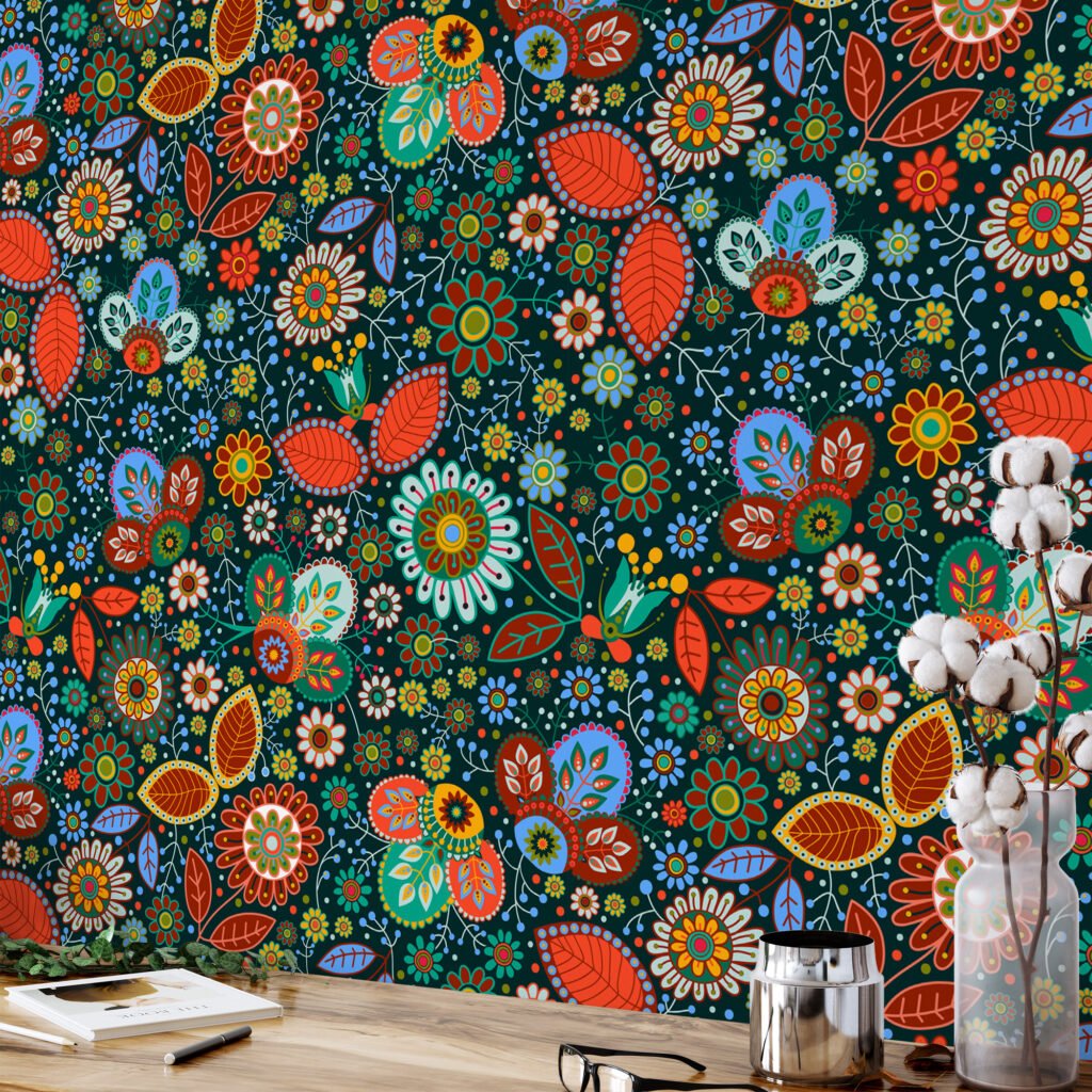 Geleneksel Tarzda Renkli Çiçekler Duvar Kağıdı, Çok Renkli Duvar Posteri Çiçekli Duvar Kağıtları 10