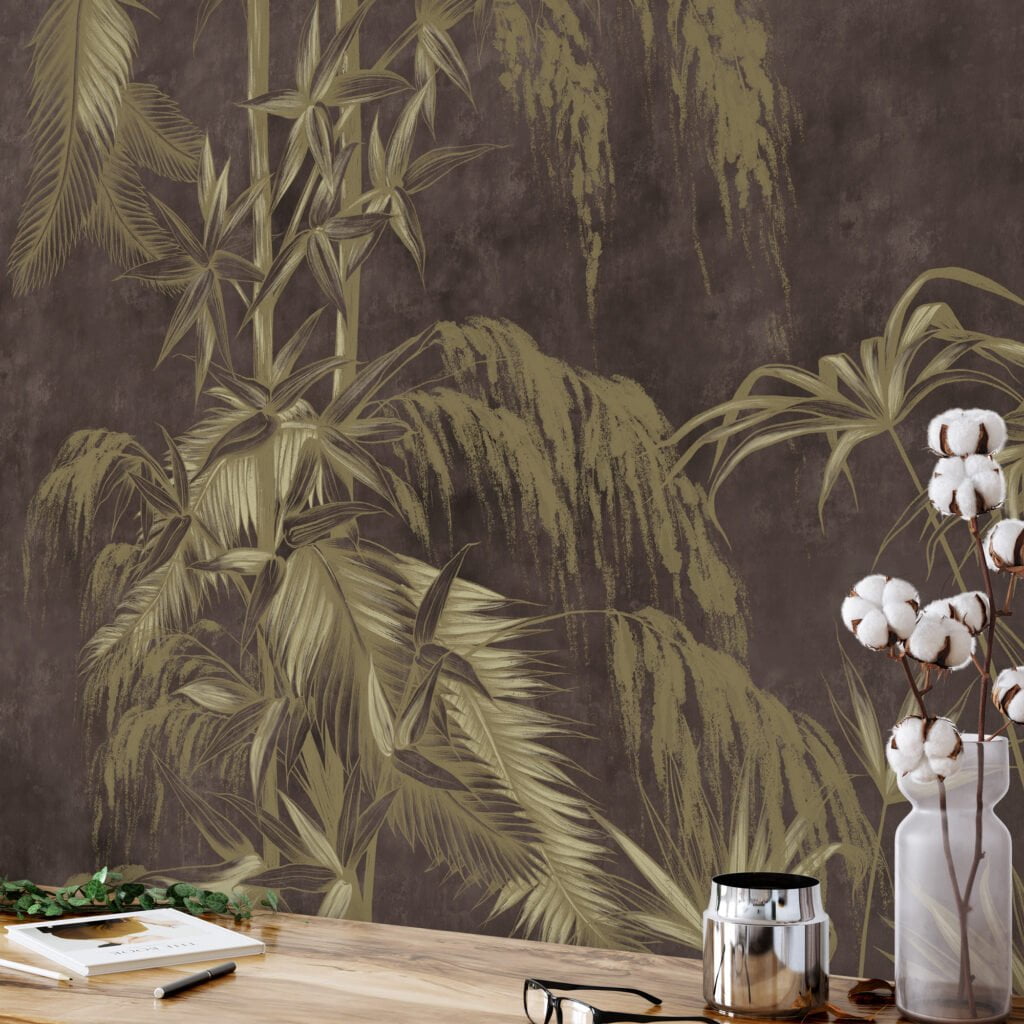 Tropikal Yapraklar, Kahverengi Beton Arka Planlı Duvar Kağıdı, Şık Görünüm İçin 3D Duvar Kağıdı Yaprak Desenli Duvar Kağıtları 3