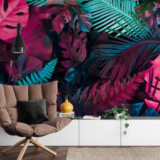 Canlı Neon Pembe ve Mavi Tropikal Yapraklar, Her Mekanı Aydınlatan Monstera Yapraklı 3D Duvar Kağıdı Yaprak Desenli Duvar Kağıtları