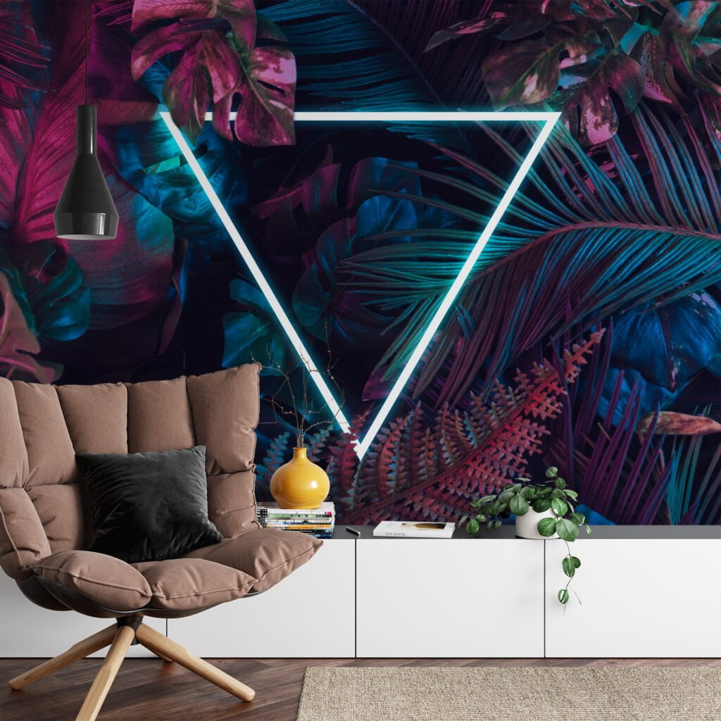 Neon Pembe ve Mavi Tropikal Yapraklar, Üçgen Işık Merkezli Duvar Kağıdı, Botanik Dokulu 3D Duvar Posteri Soyut Duvar Kağıtları 5