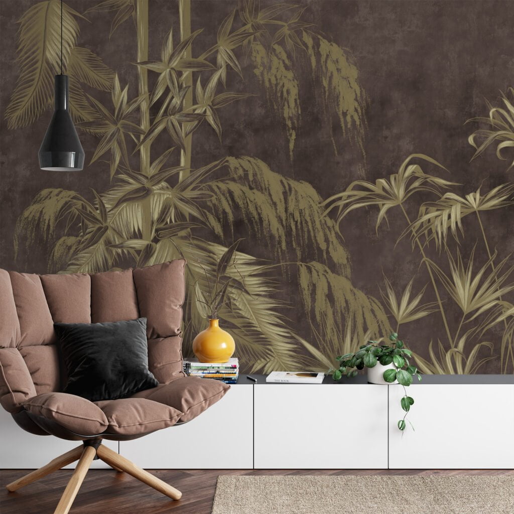 Tropikal Yapraklar, Kahverengi Beton Arka Planlı Duvar Kağıdı, Şık Görünüm İçin 3D Duvar Kağıdı Yaprak Desenli Duvar Kağıtları 2