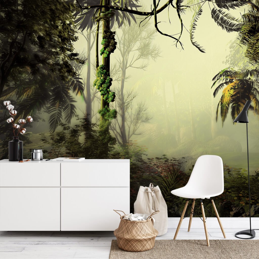 Zarif Sisli Yeşil Orman Manzaralı Duvar Kağıdı, Palmiye Ağaçlı Yoğun Orman Tasarımlı 3D Duvar Posteri Orman Temalı Duvar Kağıtları 10