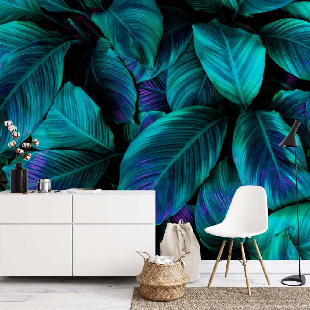 Yemyeşil Tropikal Yeşil Cannifolium Yapraklar, Mor Vurgularıyla Duvar Kağıdı, Güzel 3D Duvar Kağıdı Yaprak Desenli Duvar Kağıtları 3
