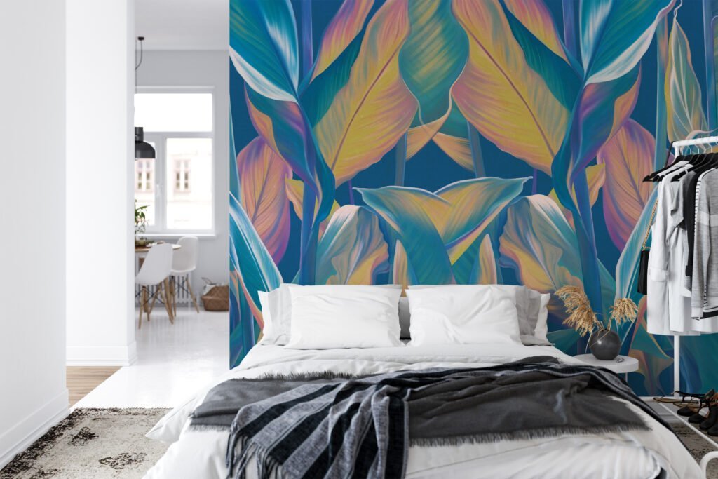 Mavi Tonlu Tropikal Yapraklar Desenli Duvar Kağıdı, Sakin Bir Atmosfer İçin Renkli Yapraklı 3D Duvar Kağıdı Yaprak Desenli Duvar Kağıtları 8