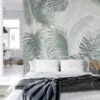 Create a Relaxing Oasis with Muted Green Colored Tropical Leaves on a Light Green Background - Self Adhesive Modern Wall Mural