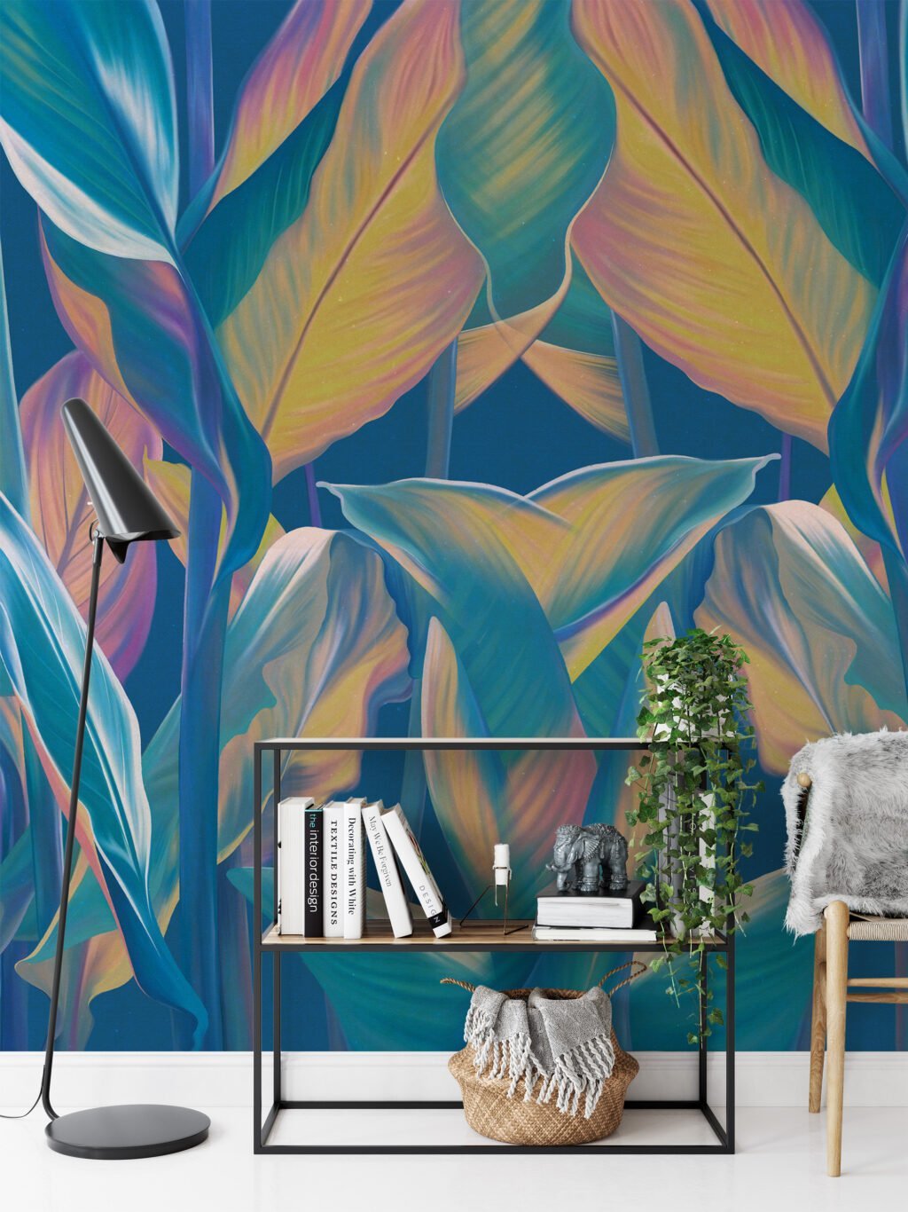 Mavi Tonlu Tropikal Yapraklar Desenli Duvar Kağıdı, Sakin Bir Atmosfer İçin Renkli Yapraklı 3D Duvar Kağıdı Yaprak Desenli Duvar Kağıtları 5