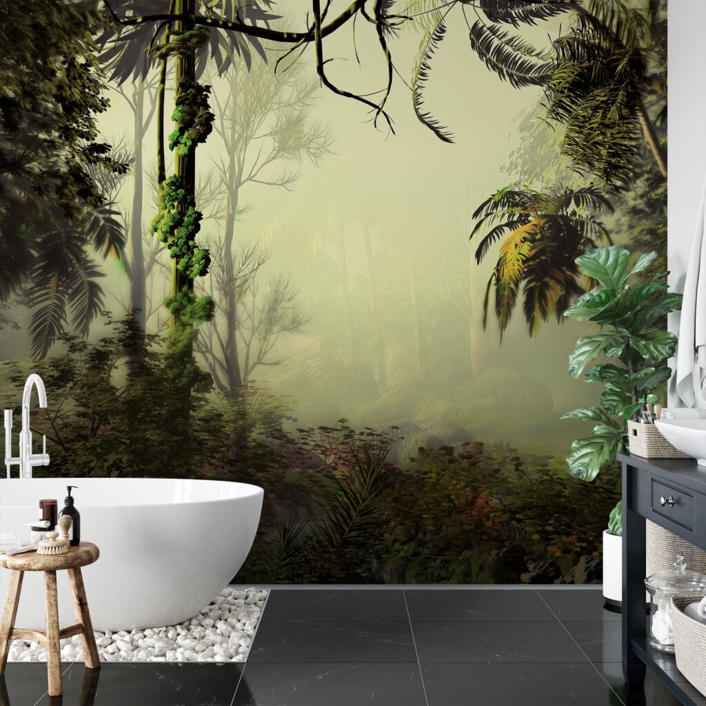 Zarif Sisli Yeşil Orman Manzaralı Duvar Kağıdı, Palmiye Ağaçlı Yoğun Orman Tasarımlı 3D Duvar Posteri Orman Temalı Duvar Kağıtları 9