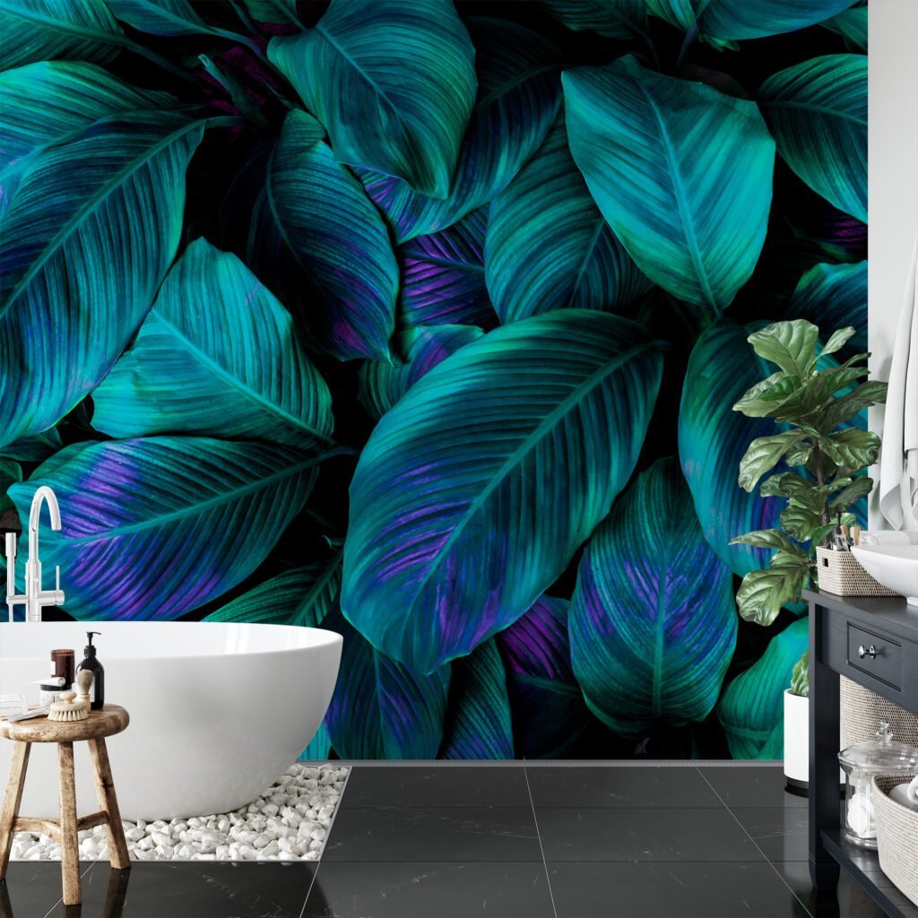 Yemyeşil Tropikal Yeşil Cannifolium Yapraklar, Mor Vurgularıyla Duvar Kağıdı, Güzel 3D Duvar Kağıdı Yaprak Desenli Duvar Kağıtları 2