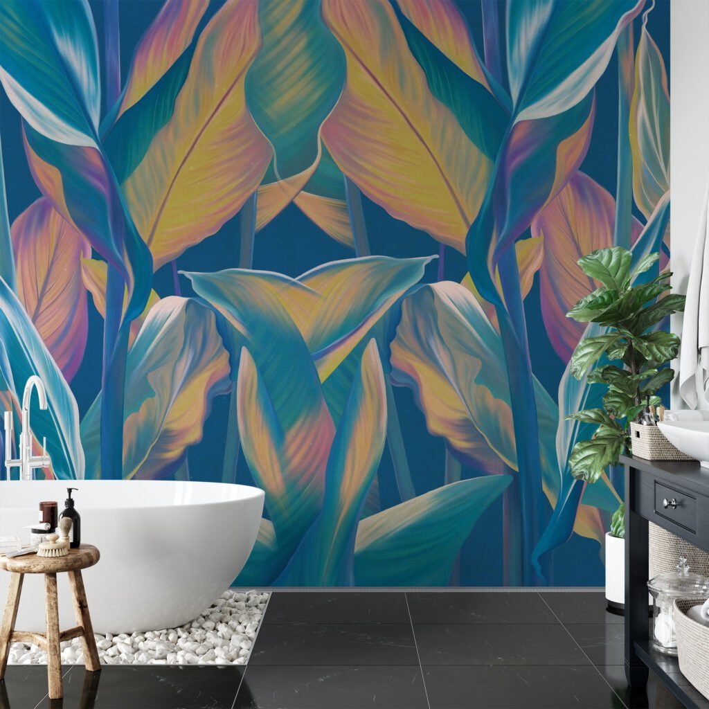 Mavi Tonlu Tropikal Yapraklar Desenli Duvar Kağıdı, Sakin Bir Atmosfer İçin Renkli Yapraklı 3D Duvar Kağıdı Yaprak Desenli Duvar Kağıtları 3