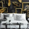 Geometric Black And Gold Leaves Wallpaper, Bold and Elegant Peel and Stick Wall Mural, Self Adhesive Removable Wallpaper for Modern Home Decor