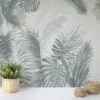 Create a Relaxing Oasis with Muted Green Colored Tropical Leaves on a Light Green Background - Self Adhesive Modern Wall Mural