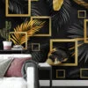 Geometric Black And Gold Leaves Wallpaper, Bold and Elegant Peel and Stick Wall Mural, Self Adhesive Removable Wallpaper for Modern Home Decor