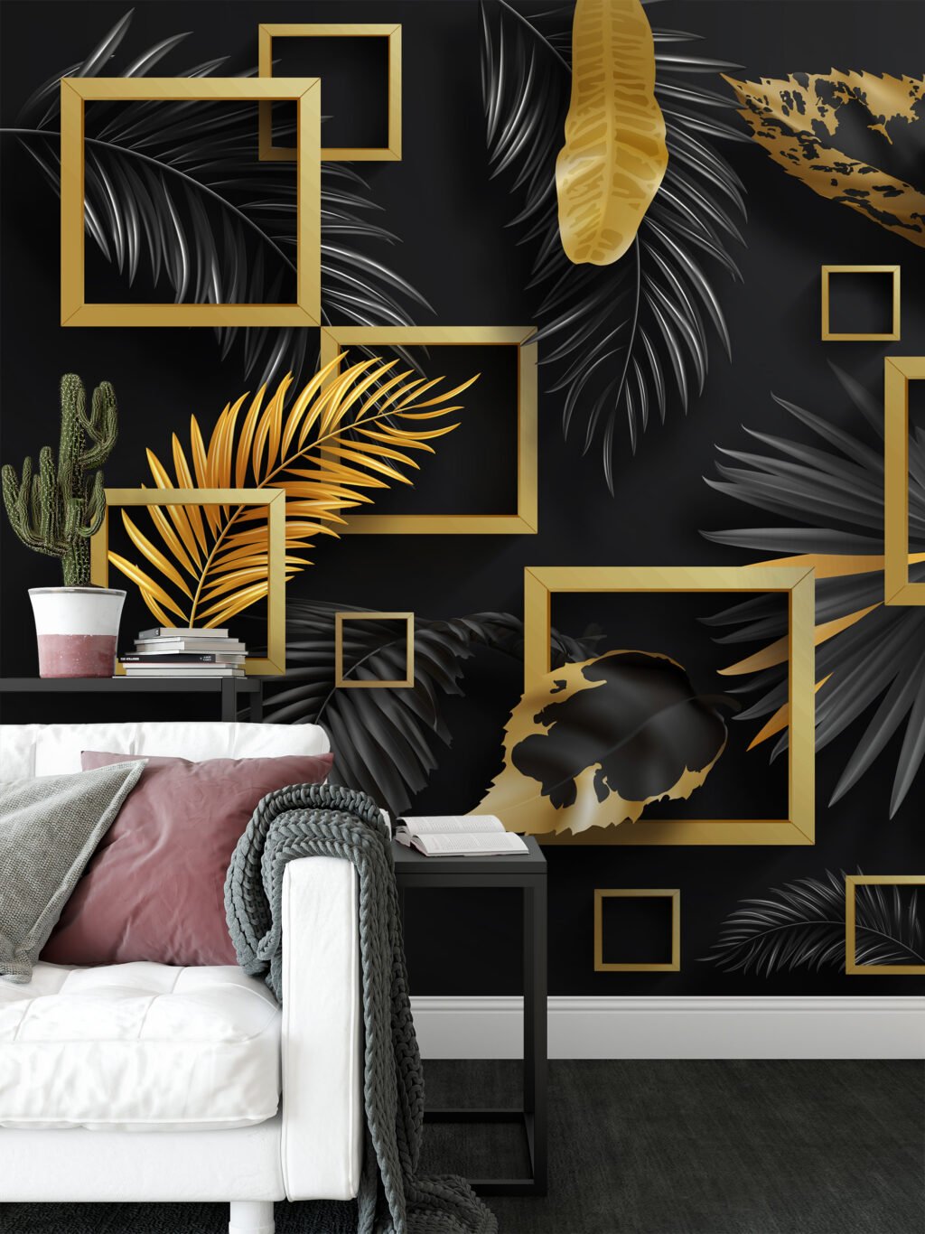 Geometrik Siyah ve Altın Yaprak Desenli Duvar Kağıdı, Modern Ev Dekoru için Zarif Duvar Posteri, 3D Duvar Kağıdı Geometrik Duvar Kağıtları 4