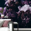 Elegant Large Violet Peonies on Black Background Wallpaper, Removable Self Adhesive Peel and Stick Wall Mural, Sophisticated Floral Print for a Modern Look