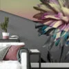 Sophisticated Abstract Flower Wallpaper on Grey Background, Modern Self Adhesive Wall Mural for Bedrooms