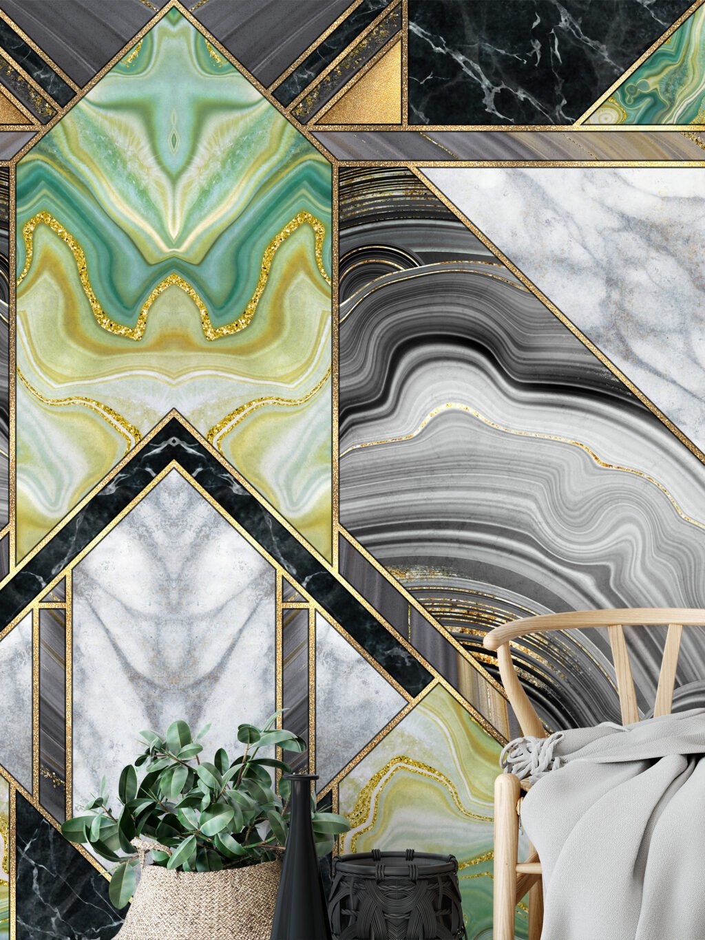 Yeşil ve Altın Mermer Desenli Duvar Kağıdı, Her Oda için Uygun 3D Duvar Posteri Mermer Duvar Kağıtları 6