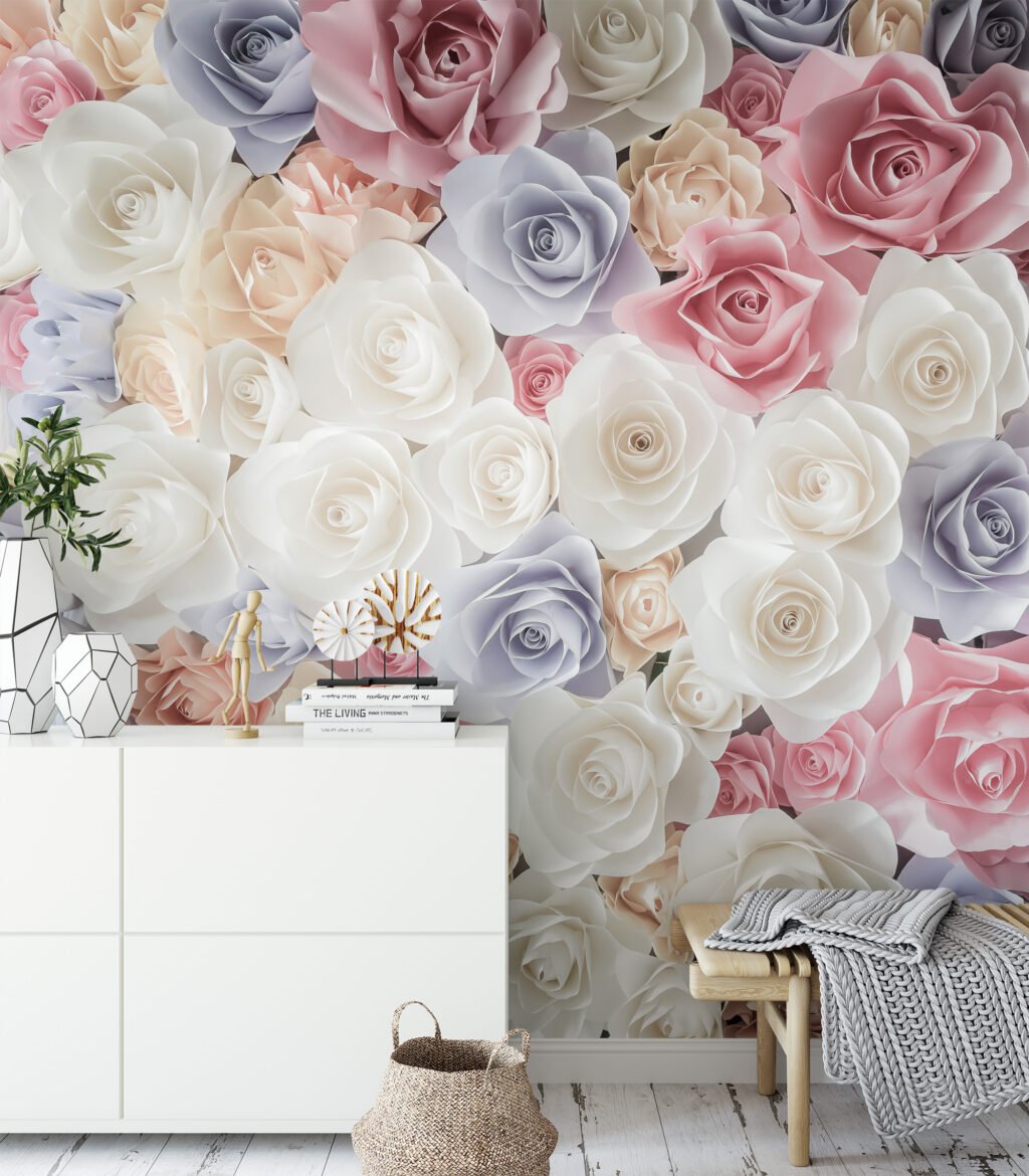 Pastel Mor ve Pembe Gül Desenli Duvar Kağıdı, Yatak Odası için Romantik Duvar Posteri Çiçekli Duvar Kağıtları 2