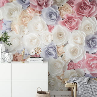Pastel Mor ve Pembe Gül Desenli Duvar Kağıdı, Yatak Odası için Romantik Duvar Posteri Çiçekli Duvar Kağıtları