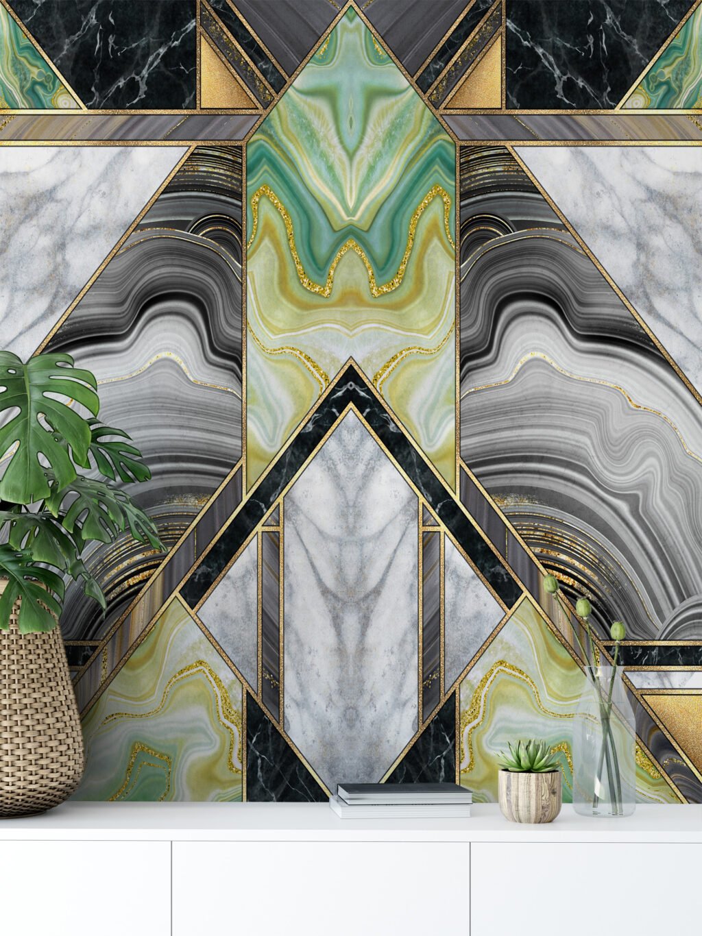 Yeşil ve Altın Mermer Desenli Duvar Kağıdı, Her Oda için Uygun 3D Duvar Posteri Mermer Duvar Kağıtları 3