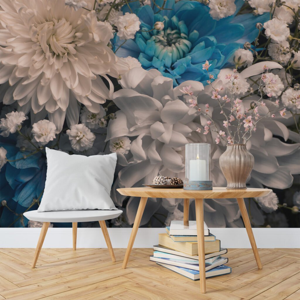 Minimalist Beyaz ve Mavi Krizantem Çiçekleri Desenli Duvar Kağıdı, Basit ve Şık Yatak Odası Dekoru Duvar Posteri Çiçekli Duvar Kağıtları 6