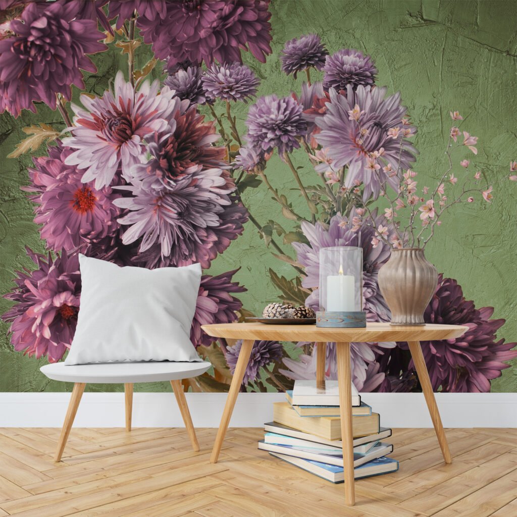 Majestik Mor Çiçekler Yeşil Arka Planlı Duvar Kağıdı, Etkileyici Bir Duvar Dekoru için Duvar Posteri Çiçekli Duvar Kağıtları 7